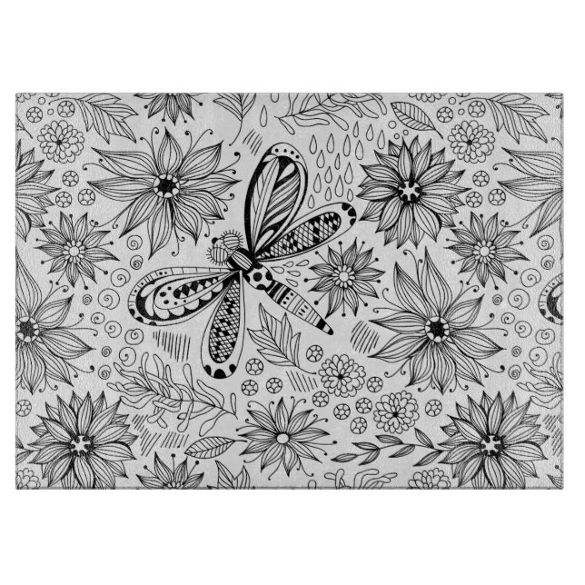 Tabla De Cortar Doodle de libélula y flores (Anverso)