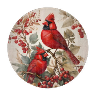 Tabla De Cortar Dos Pájaros Y Berries Cardenales Rojos Del Norte