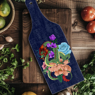 Tabla De Cortar Dragón Chino Verde Místico Floral Azul Marino