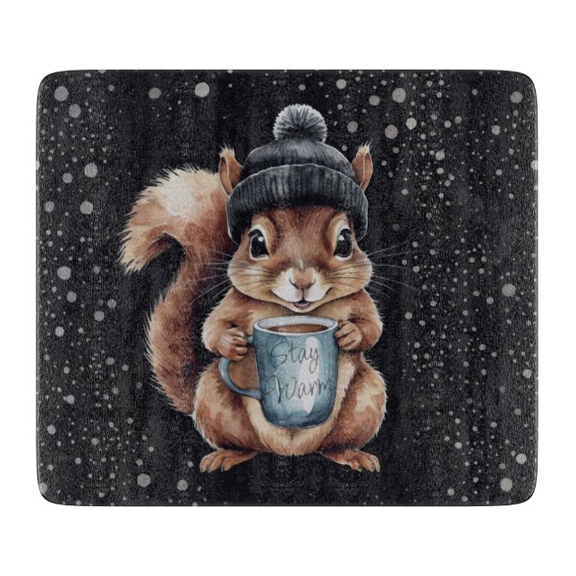 Tabla De Cortar Eichhörnchen mit Tasse und Schnee „Stay Warm“ (Anverso)