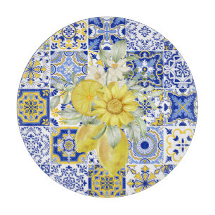 Tabla De Cortar El mosaico florece en azul y amarillo