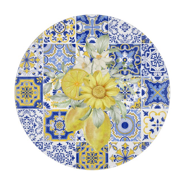 Tabla De Cortar El mosaico florece en azul y amarillo (Anverso)