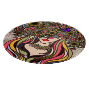 Tabla De Cortar El rostro de la mujer, con flores y mariposas, art