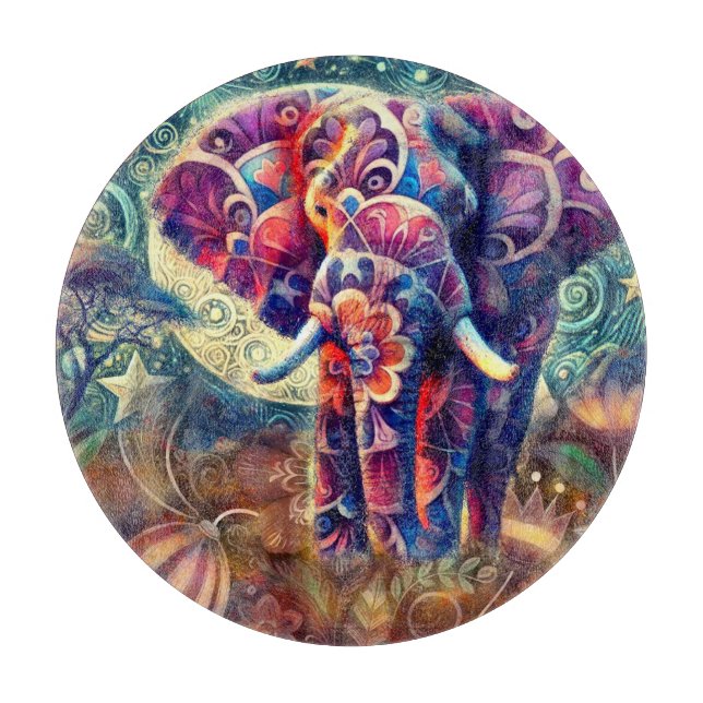 Tabla De Cortar Elefante caprichoso en la noche Estrellas moradas  (Anverso)