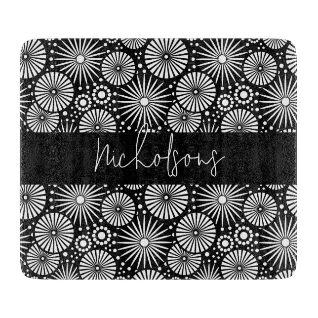 Tabla De Cortar Elegant Black White Geometric Starburst Name  (Anverso)