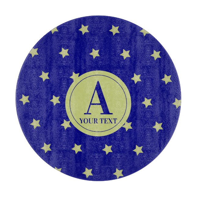 Tabla De Cortar Elegant Gold & Blue Star Pattern Monogram (Anverso)