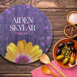 Tabla De Cortar Elegant Golden Daisy with Purple Glitter Wedding<br><div class="desc">Celebrate your special day with this stylish commemorative floral-themed glass cutting board,  which features elegant white lettering with lavender purple confetti and a golden African daisy on a violet purple to black background. Customize with the newlyweds' names,  and wedding date.

Design © W.H. Sim. See more at zazzle.com/expressionsoccasions</div>
