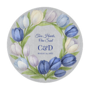 Tabla De Cortar Elegante acuarela Tulip Wreath Boda Marfil Azul