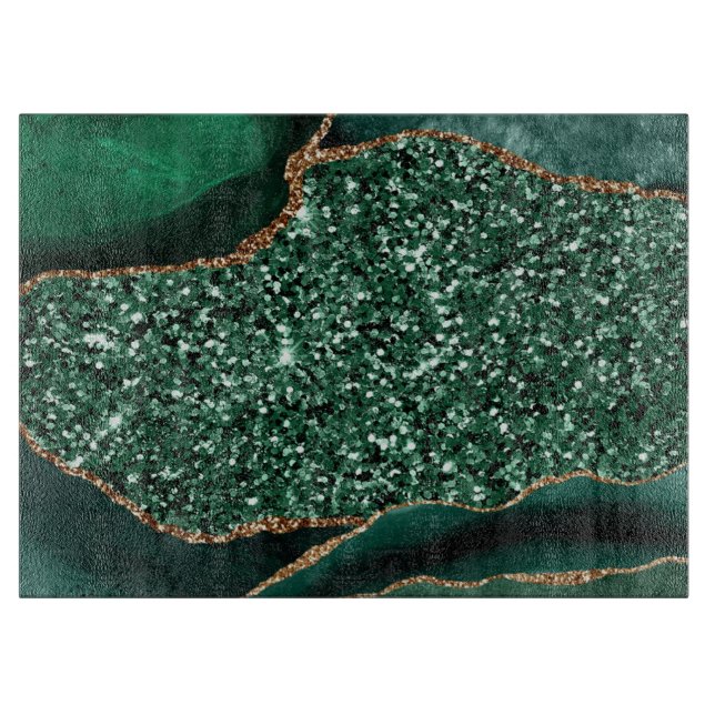 Tabla De Cortar Elegante Agate oceánico verde y Purpurina dorado (Anverso)