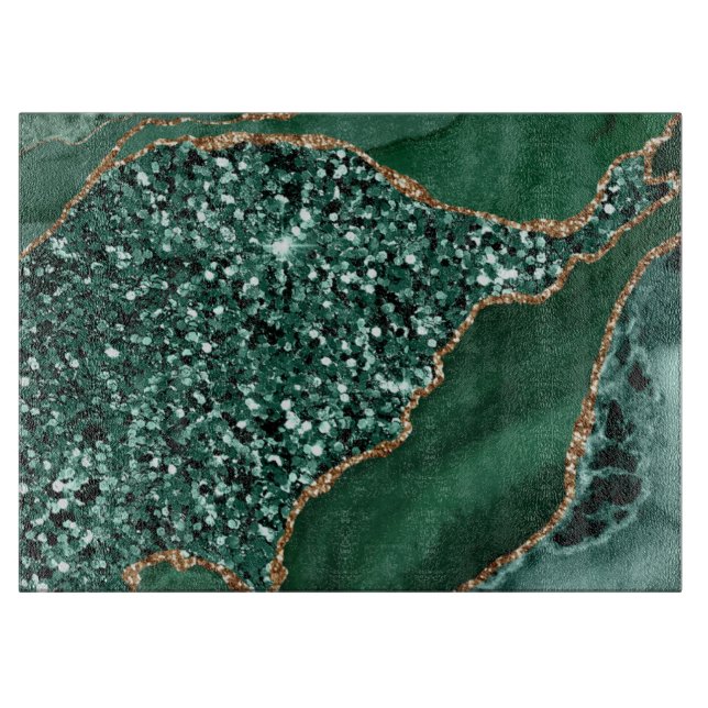 Tabla De Cortar Elegante Agate oceánico verde y Purpurina dorado (Anverso)