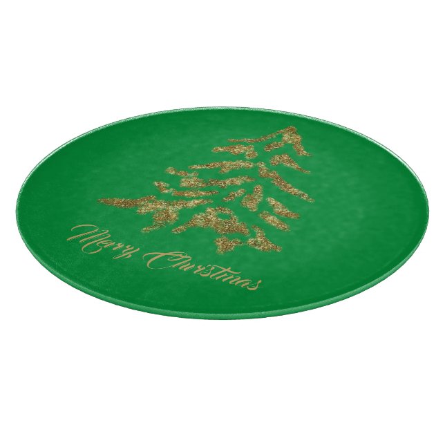 Tabla De Cortar Elegante Árbol de Oro Verde Feliz Navidad (Borde)