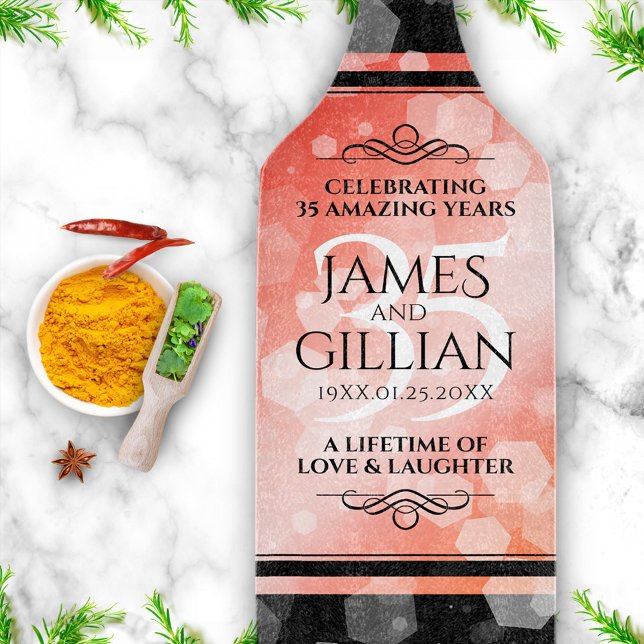 Tabla De Cortar Elegante celebración del 35° aniversario del Boda  (Elegant 35th Coral Wedding Anniversary Paddle Cutting Board Cover Photo.)