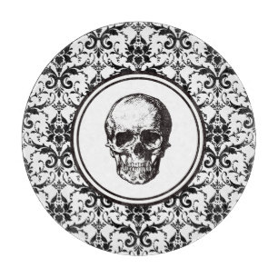 Tabla De Cortar Elegante cráneo con patrón de damasco negro vintag