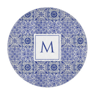 Tabla De Cortar Elegante Monograma Azul Blanco Personalizado