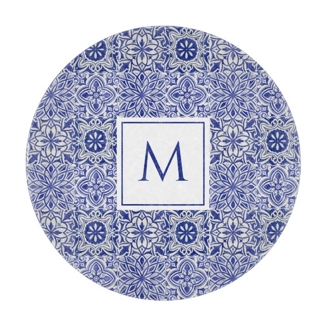 Tabla De Cortar Elegante Monograma Azul Blanco Personalizado (Anverso)