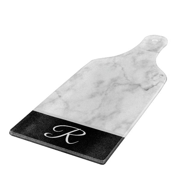 Tabla De Cortar Elegante Monograma blanco negro de mármol inicial (Borde)