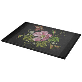 Tabla De Cortar Elegante patrón de bordado floral fondo negro