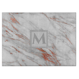 Tabla De Cortar Elegante Rosa Oro Cobre Mármol Blanco Monograma