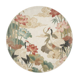 Tabla De Cortar Elegantes grullas loto bambú escena oriental