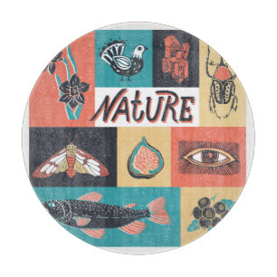 Tabla De Cortar Elementos Naturales, Iconos De Estilo Retro.