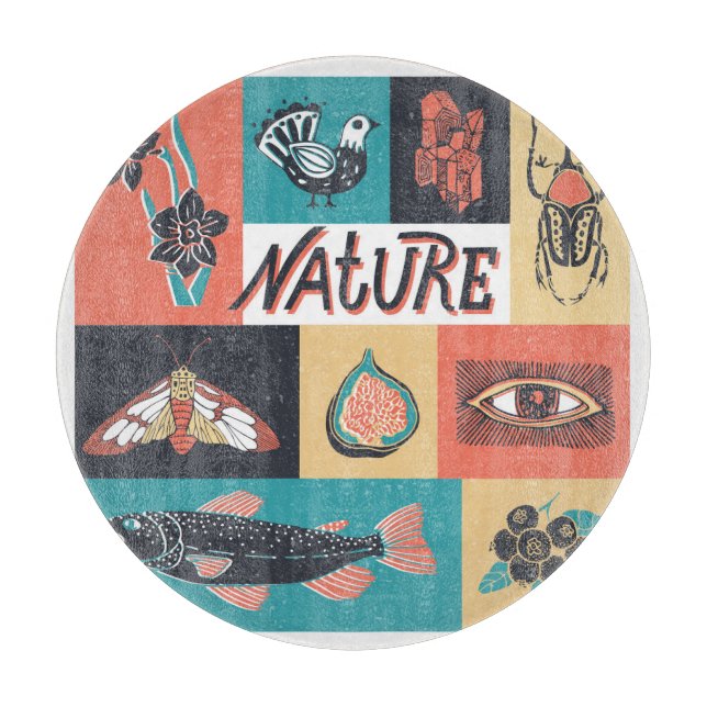 Tabla De Cortar Elementos Naturales, Iconos De Estilo Retro. (Anverso)