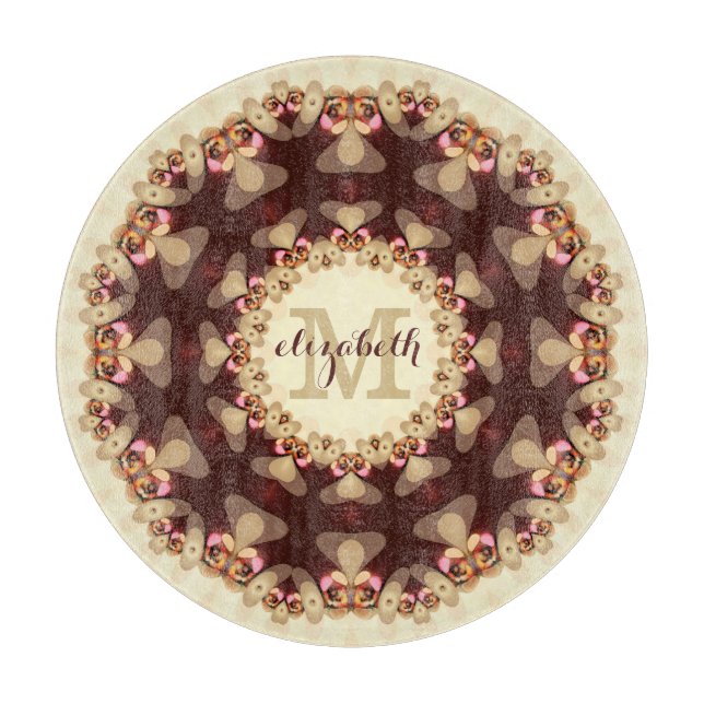Tabla De Cortar Encaje Mandala Redondo de Campo Rústico con Nombre (Anverso)