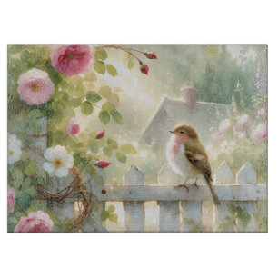 Tabla De Cortar Escena de acuarela de rosa de jardín pájaro