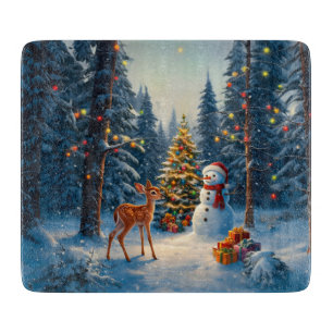 Tabla De Cortar Escena De Árbol De Navidad Cute Deer Fawn Snowman