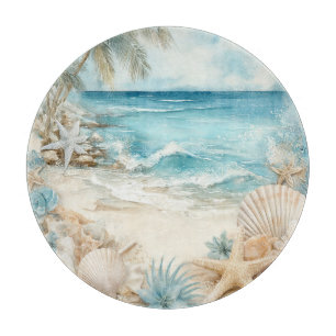 TABLA DE CORTAR ESCENA DE PLAYA ARENOSA AZUL CON CONCHAS