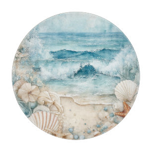 TABLA DE CORTAR ESCENA DE PLAYA ARENOSA AZUL CON CONCHAS DE MAR