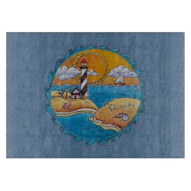 Tabla De Cortar Escena de playa de faro caprichosa Arte popular co (Anverso)