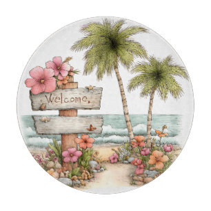 TABLA DE CORTAR ESCENA DE PLAYA VERANIEGA CON FLORES Y PALMERAS