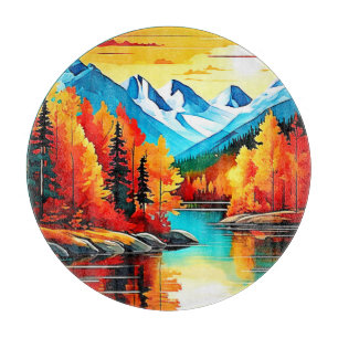 Tabla De Cortar Escena del lago de la montaña del otoño