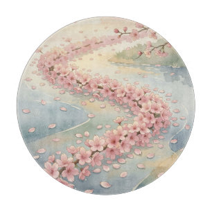 Tabla De Cortar Escena en acuarela del río de flor de cerezo rosa