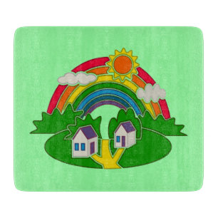 Tabla De Cortar Escena rural personalizado con arcoiris y casa de