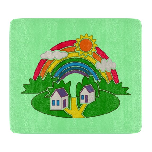 Tabla De Cortar Escena rural personalizado con arcoiris y casa de  (Anverso)