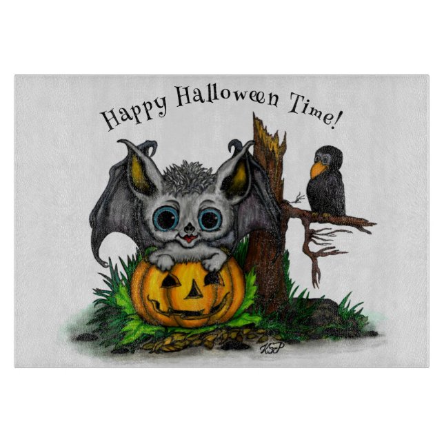 Tabla De Cortar Esperando Halloween , Cute Bat y Raven (Anverso)