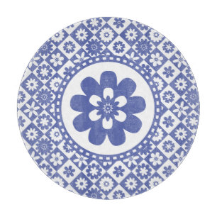 Tabla De Cortar Estampado de flores azul y blanco de la granja del