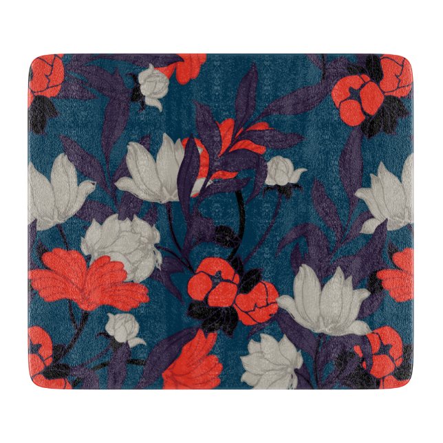 Tabla De Cortar Estampado de flores azul y rojo elegante (Anverso)