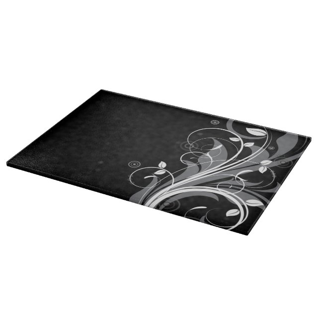 Tabla De Cortar Estampado de flores gris en negro (Borde)