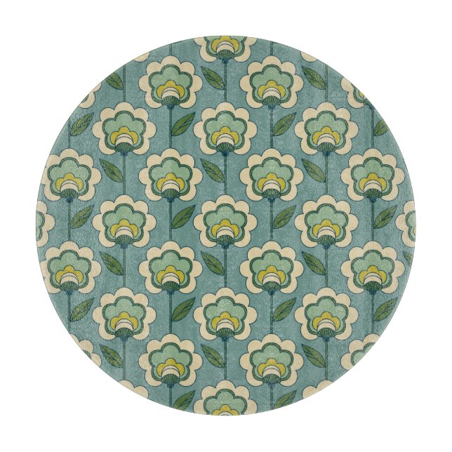 Tabla De Cortar Estampado de flores verde azulado y amarillo (Anverso)