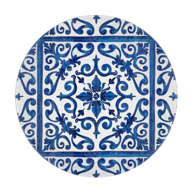 Tabla De Cortar estilo italiano, mediterráneo, mosaico, azul, (Anverso)