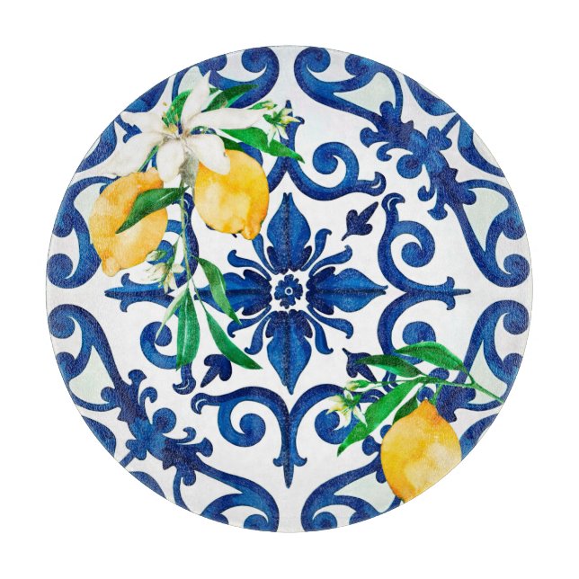 Tabla De Cortar estilo italiano, mosaico, azul, limón, (Anverso)