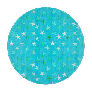 Tabla De Cortar Estrellas satinadas, verde pálido y azul sobre tur