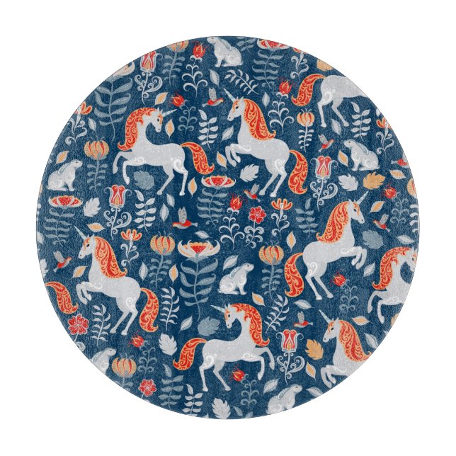 Tabla De Cortar Fantasía popular: Unicornios, conejos, aves (Anverso)