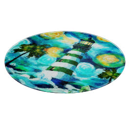 Tabla De Cortar Faro tropical y palmeras impresionistas
