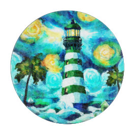 Tabla De Cortar Faro tropical y palmeras impresionistas