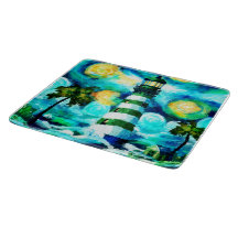 Faro tropical y palmeras impresionistas