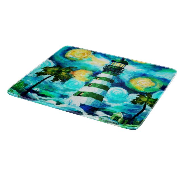 Tabla De Cortar Faro tropical y palmeras impresionistas (Borde)