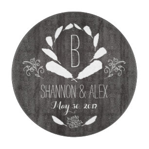 Tabla De Cortar Feather Chalkboard Monograma Fecha Boda